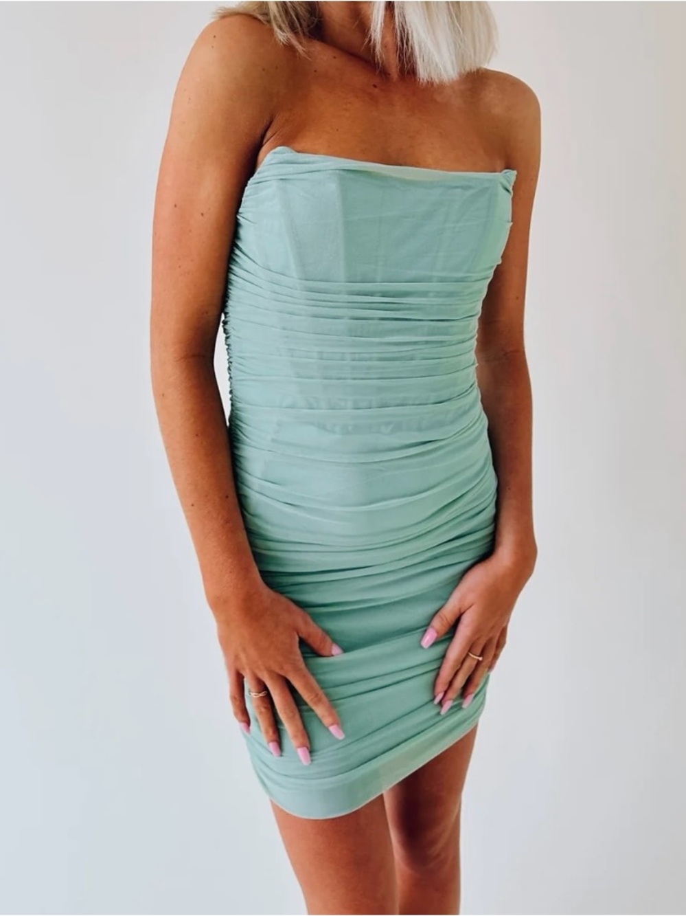 White Ruched Strapless Mini Dress - Picture 2 of 5